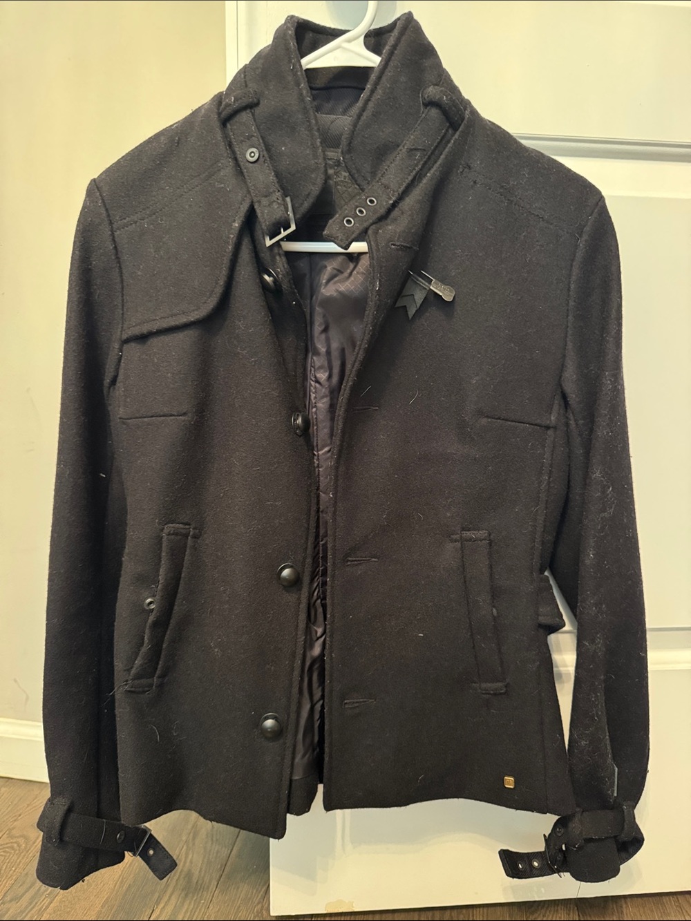 G-Star Black Wool Pea Coat with Buckle Collar